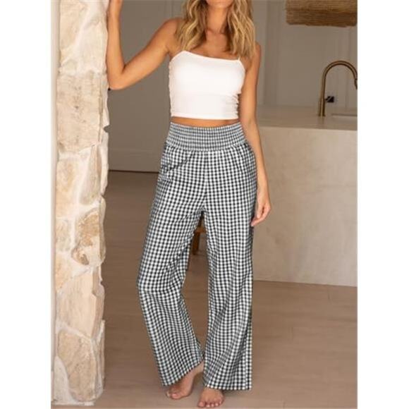 Black Striped Gingham Palazzo Pants High Waisted Wide Leg Lounge Pants - Picture 5 of 6